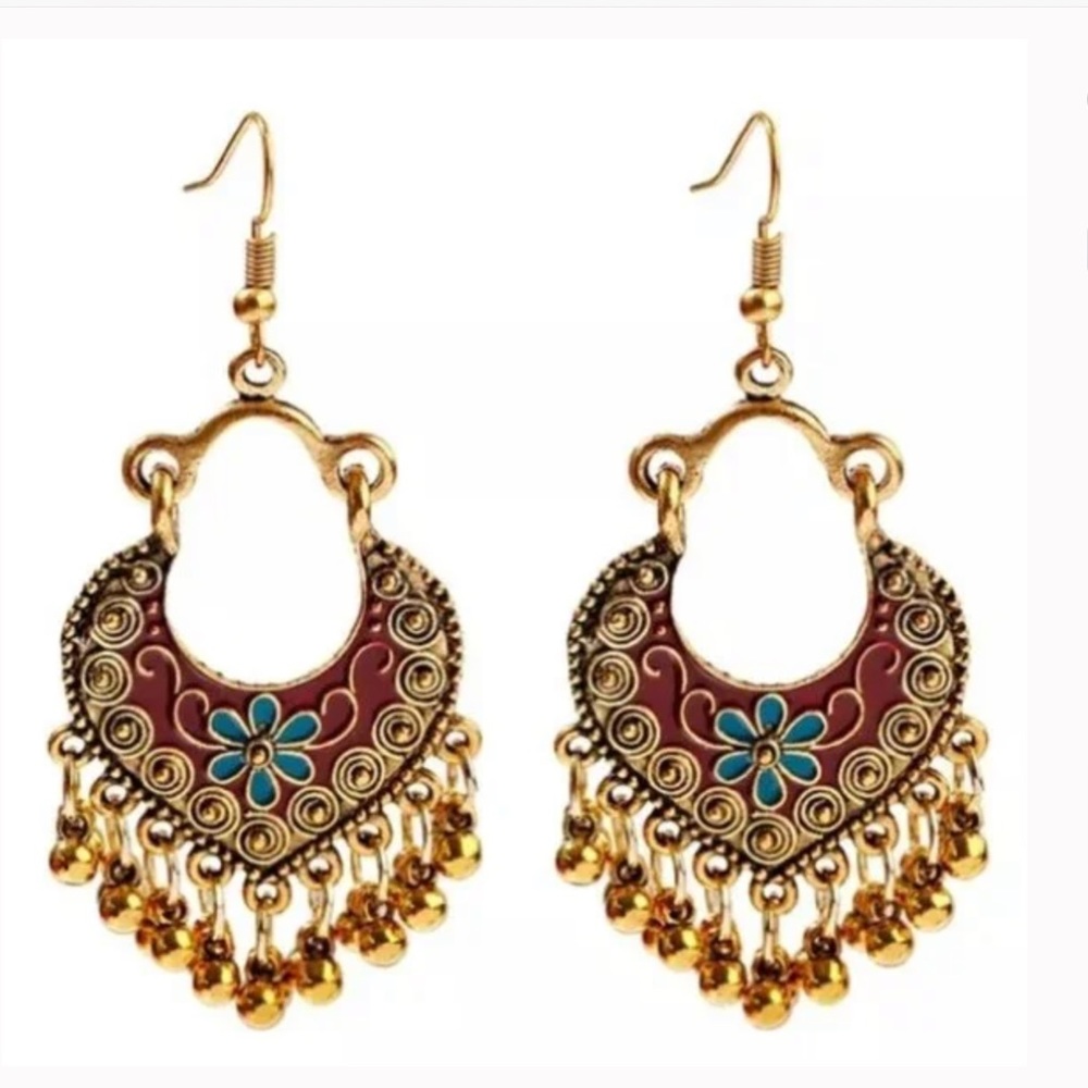 NWT Bohemian Style Burgundy and Blue Dangle Pierced Earrings in Gold Tone!